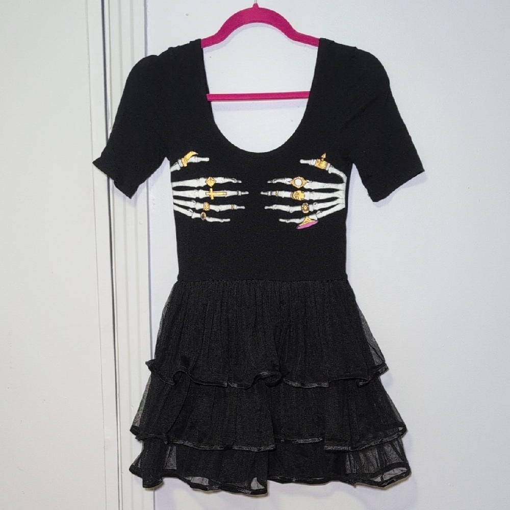 Iron Fist Black Skeleton Hand Tiered Skater Dress